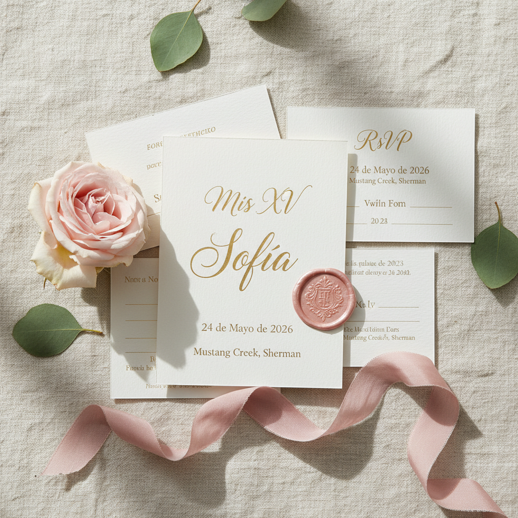 A meticulously arranged quinceañera invitation suite laid out on a cream linen surface, featuring a textured ivory card with gold foil lettering reading “Mis XV Sofía” and the date “24 de Mayo de 2026, Mustang Creek, Sherman”. Around it are matching RSVP and details cards, a delicate wax seal with a floral crest, and a silk ribbon in soft blush. A single pale pink rose and scattered eucalyptus leaves add organic elegance. Soft window light from the left casts gentle shadows and subtle highlights on the metallic foil. Photographic realism, top-down composition with sharp focus and a calm, sophisticated atmosphere suitable for a high-end event website.