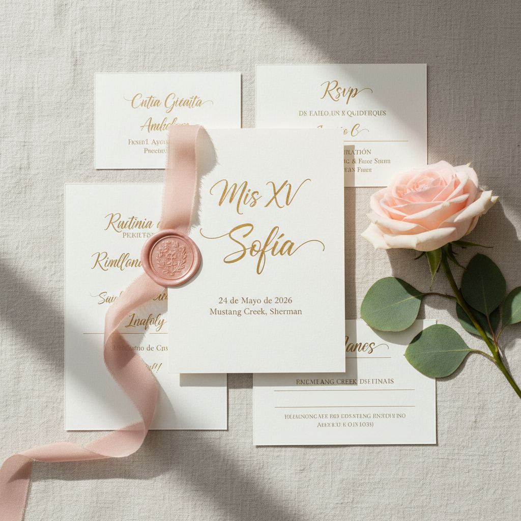 A meticulously arranged quinceañera invitation suite laid out on a cream linen surface, featuring a textured ivory card with gold foil lettering reading “Mis XV Sofía” and the date “24 de Mayo de 2026, Mustang Creek, Sherman”. Around it are matching RSVP and details cards, a delicate wax seal with a floral crest, and a silk ribbon in soft blush. A single pale pink rose and scattered eucalyptus leaves add organic elegance. Soft window light from the left casts gentle shadows and subtle highlights on the metallic foil. Photographic realism, top-down composition with sharp focus and a calm, sophisticated atmosphere suitable for a high-end event website.